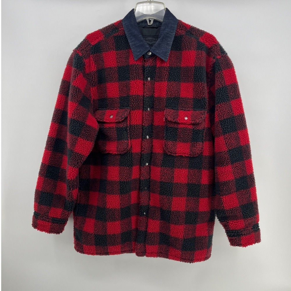 Levi Mens Sherpa Fleece Buffalo Plaid Shirt Jacket Denim Collar Size M
